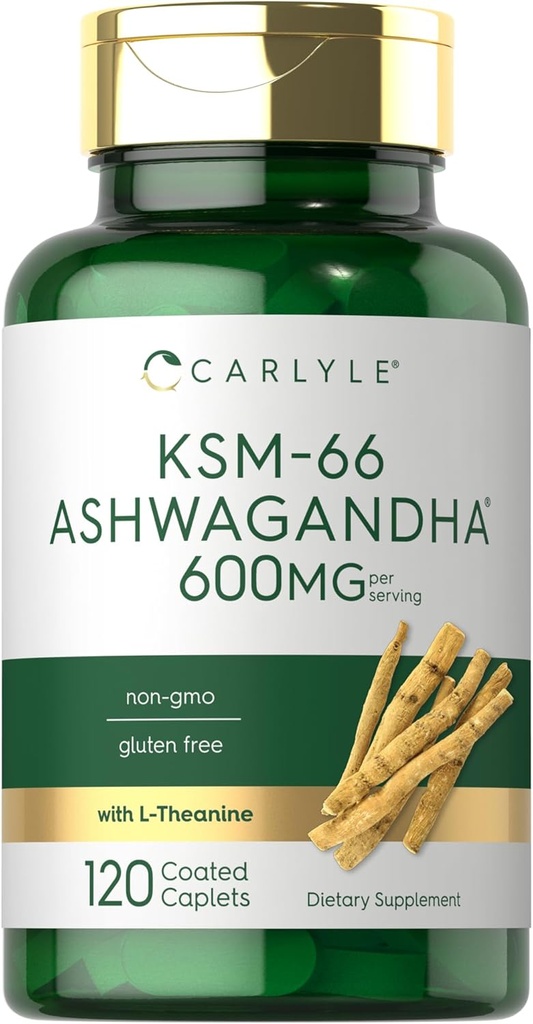 Carlyle KSM-66 Ashwagandha 600mg | 120 Caplets | Extract Supplement with L-Theanine | Vegan, Non-GMO, Gluten Free