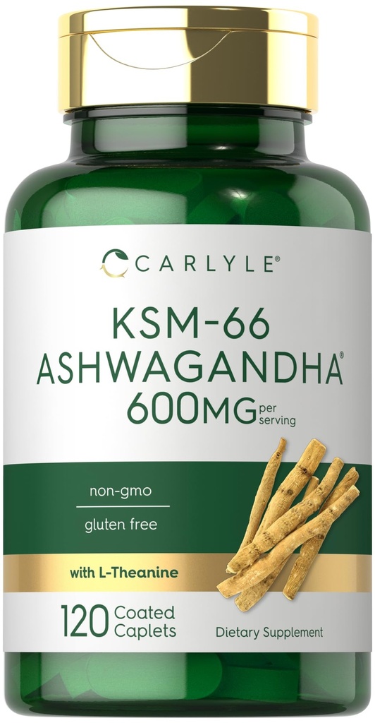 Carlyle KSM-66 Ashwagandha Root Extract 600mg | 120 Vegan Caplets | Supplement with L-Theanine | Non-GMO, Gluten Free