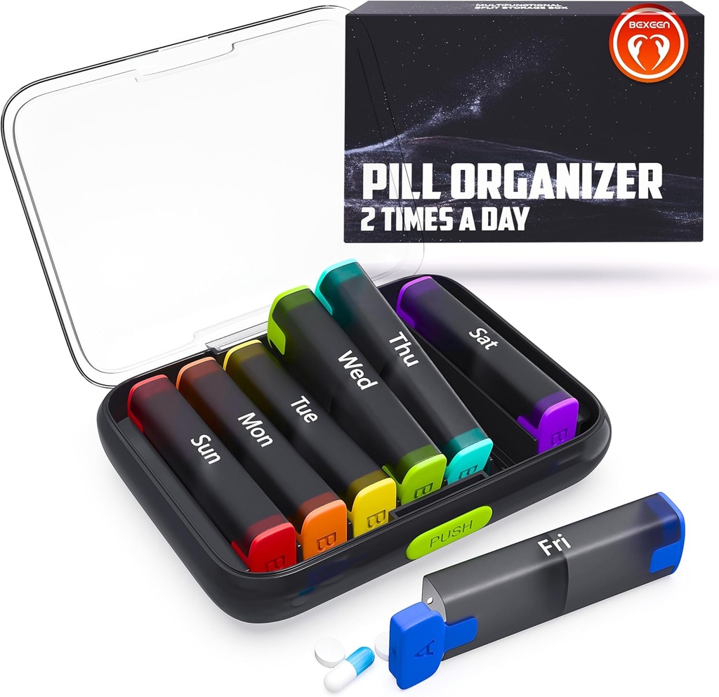 BEXEEN Weekly Pill Organizer 2 φορές την ημέρα - κουτί χάπια 7 ημέρα Am Pm - Travel Medicine Organizer Δύο φορές ημερησίως κάτοχος βιταμινών φορητό συμπλήρωμα περίπτωση εβδομάδα πρωινή νύχτα Med αποσπώμενο δοχείο