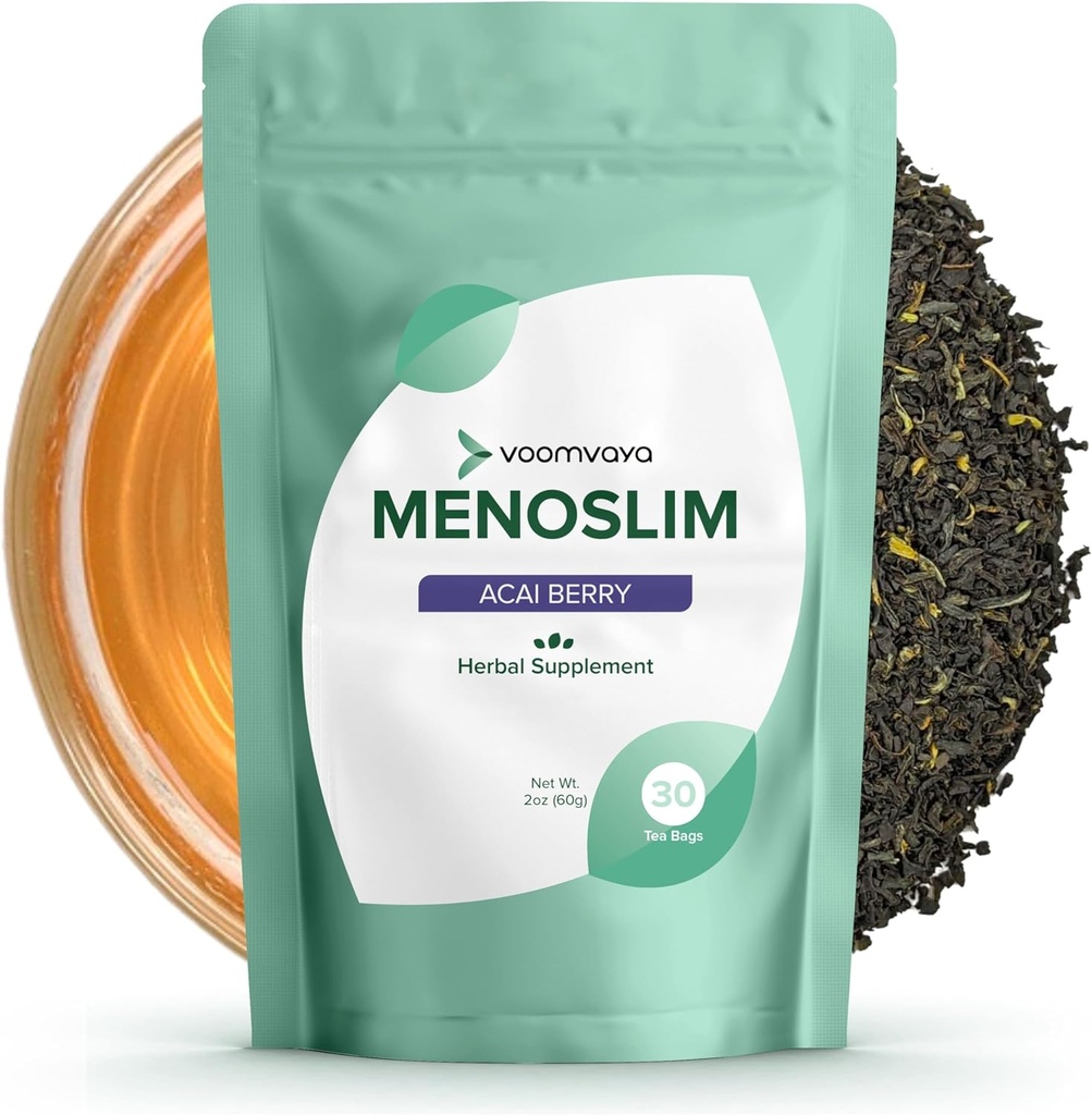 VoomVaya MenoSlim Tea - Ορμονική Ισορροπία Τσάι, Περιεμμηνόπαυση & Συμπλήρωμα Οιστρογόνων για τις γυναίκες - για το Bloating, Hot Flashes, Night Sweats & Meno-Belly - Acai Berry Flavor - 30 Τσάντες