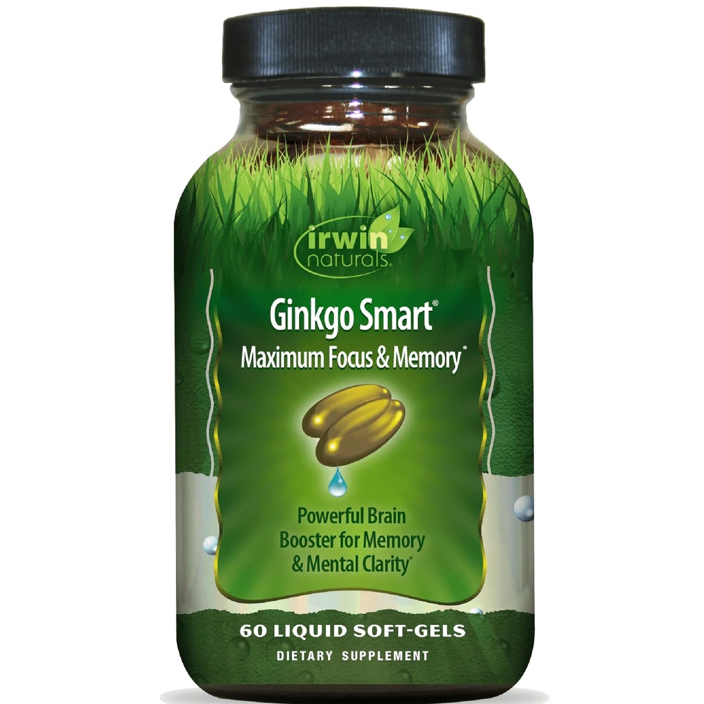 Irwin Naturals Ginkgo Smart Ισχυρός Νοοτροπικός Εγκέφαλος Booster - Υποστηρίζει μέγιστη μνήμη, εστίαση και ψυχική σαφήνεια με DMAE, Clubmoss, Choline & Acetyl L-Καρνιτίνη - 60 Liquid Softgels