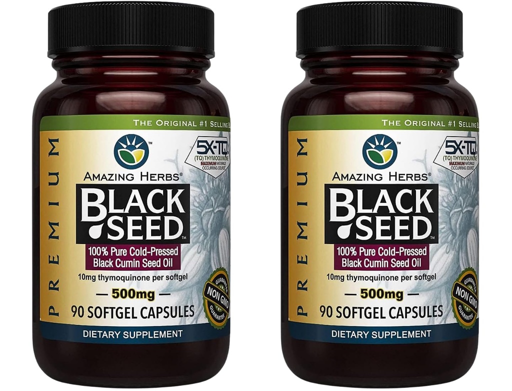 Amazing Herbs Premium Black Seed Oil Capsules - Χωρίς γλουτένη, Μη ΓΤΟ, Ψυχρό Πιέζεται Nigella Sativa Aids σε Digestive Υγεία, Ανοσοποιητική Υποστήριξη, Εγκεφαλική Λειτουργία - 90 Count, 500mg (Pack of 2)
