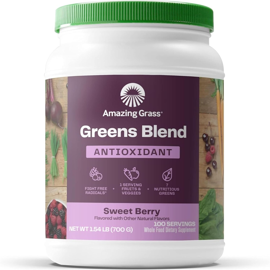 Amazing Grass Greens Superfood Αντιοξειδωτικό: Πράσινο σκόνη με οργανική Spirulina, Beet Root Powder, Elderberry & Probiotics, Γλυκό μούρο, 100 σέρβις (Packaging May Vary)