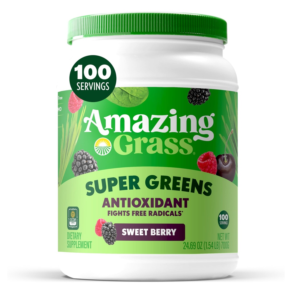 Amazing Grass Greens Superfood Αντιοξειδωτικό: Πράσινο σκόνη με οργανική Spirulina, Beet Root Powder, Elderberry & Probiotics, Γλυκό μούρο, 100 σέρβις (Packaging May Vary)