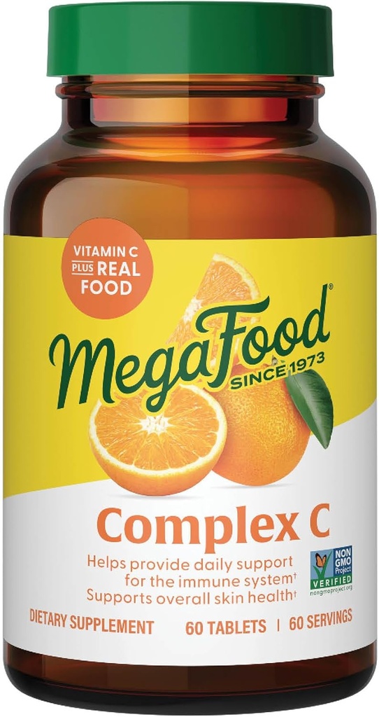 MegaFood Complex C - Vegan ανοσοποιητικό συμπλήρωμα υποστήριξης με βιταμίνη C 250 mg, Φτιαγμένο με πραγματική τροφή Συμπεριλαμβάνονται πορτοκάλι, βατόμουρο & καφέ ρύζι, χωρίς γλουτένη, Kosher - 60 δισκία, 60 σερβιέτες
