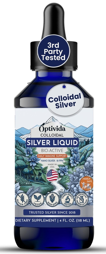 Optivida Health Colloidal Silver Liquid (4 oz) – Premium Nano Silver Colloidal Supplement for Daily Wellness & Immune Support, Natural Liquid Silver Hydrosol for Adults & Kids, Non-GMO, Gluten-free