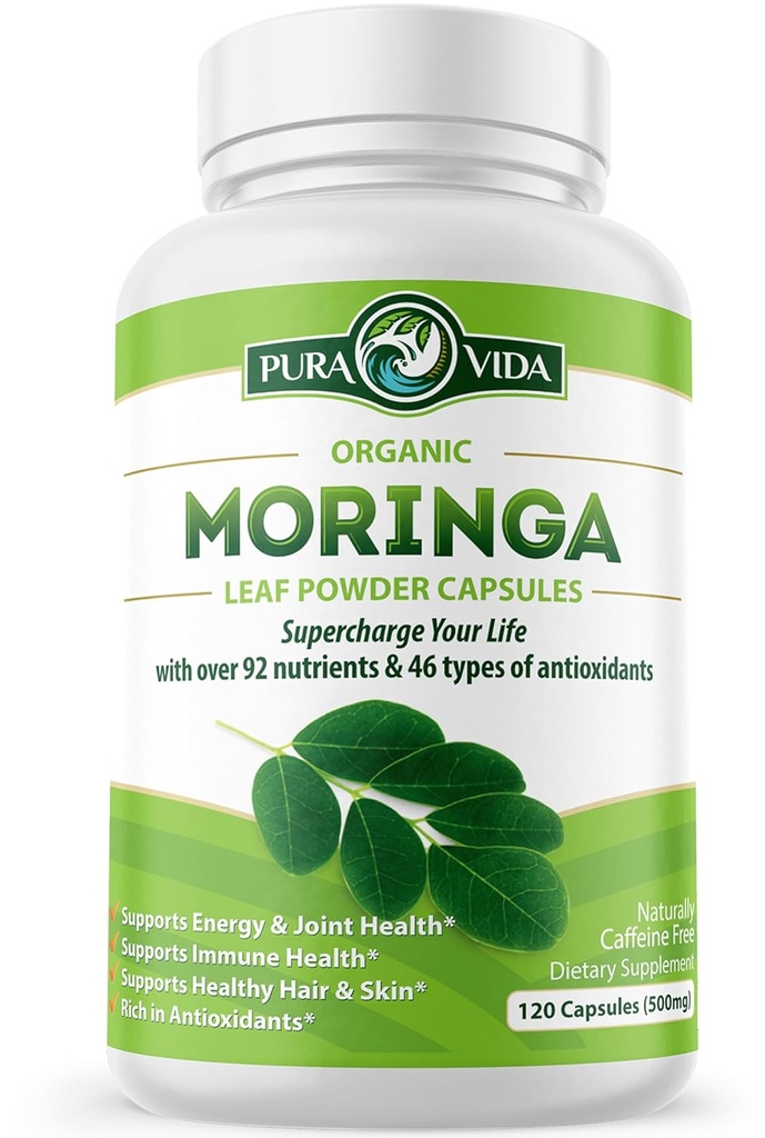 PURA VIDA MORINGA Κάψουλες Ενιαίας Προέλευσης Moringa Σκόνη Βιολογικό. Καθαρό φύλλο Moringa. Ενέργεια, Μεταβολισμός, & Ανοσολογική Υποστήριξη. 120ct. 500mg Caps.
