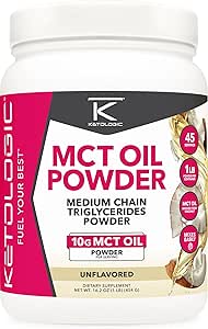 Ketologic MCT Oil Powder Unflavored (1 LB) – Keto Coffee Creamer & Energy Support – 41 Servings of Medium Chain Triglycerides for Focus & Fuel