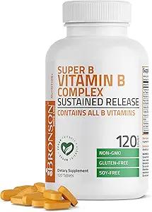 Bronson Super B Vitamin B Complex Παρατεταμένη αργή απελευθέρωση (βιταμίνη B1, B2, B3, B6, B9 - Φολικό οξύ, B12) Περιέχει όλες τις βιταμίνες Β 120 δισκία