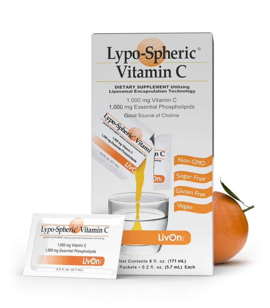 LivOn Laboratories Lypo–Spheric Vitamin C, 1000 mg Vitamin C & 1000 mg Essential Phospholipids Per Packet, Liposome Encapsuled for βελτιωμένη απορρόφηση, 100% Non–GMO, 1 Carton, 0. 2 Fl Oz (Pack of 30)