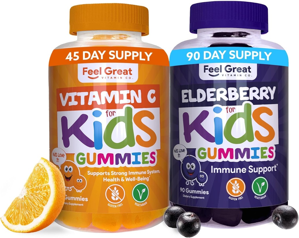 Αισθανθείτε Great Immune Support Gummies for Kids Duo - 90 Day Supply - Ψευδάργυρος, βιταμίνη C, Elderberry - Χωρίς γλουτένη, με βάση το φυτό - Νόστιμο μούρο & Citrus Gummies
