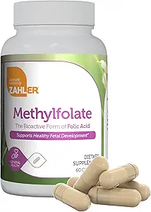 Zahler Methylfolate - Υποστηρίζει την υγιή εμβρυϊκή ανάπτυξη και τη γενετική υγεία - μεθυλιωμένο φολικό οξύ από 1000 mcg DFE L-Methylfolate - Kosher μη GMO συμπλήρωμα φολικό μεθύλιο για τις γυναίκες (60 κάψουλες)