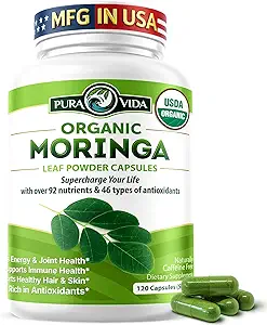 PURA VIDA MORINGA Κάψουλες Ενιαίας Προέλευσης Moringa Σκόνη Βιολογικό. Καθαρό φύλλο Moringa. Ενέργεια, Μεταβολισμός, & Ανοσολογική Υποστήριξη. 120ct. 500mg Caps.