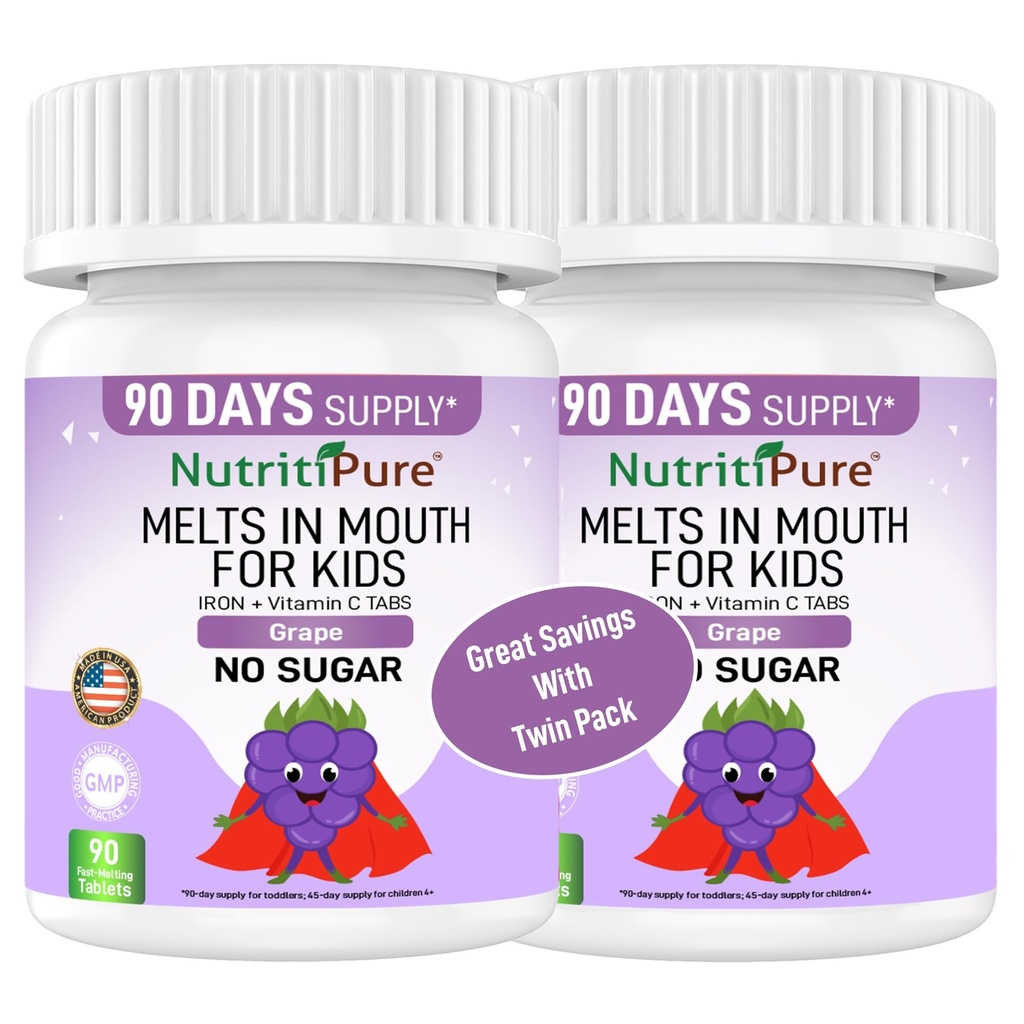Kids Chewable Iron Supplement, Ferronyl® Carbonyl Iron 9 mg, Vitamin C 30 mg, Grape Flavor, 90 δισκία (2 φιάλες)