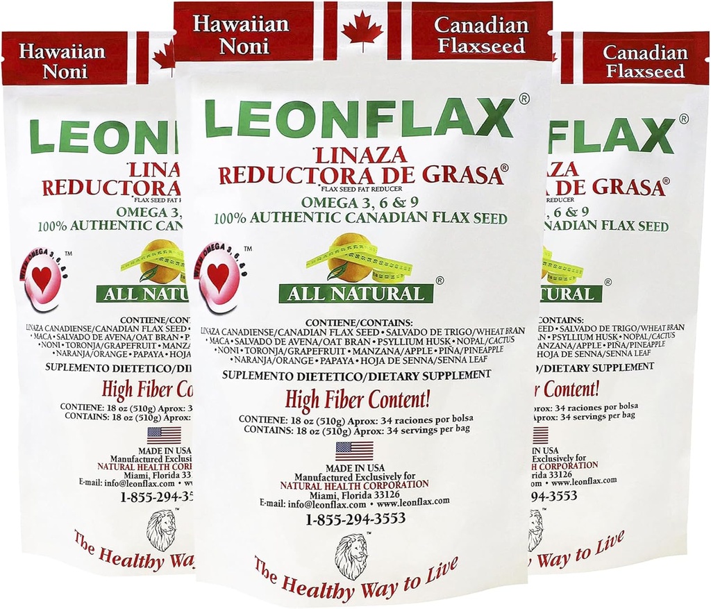 Leonflax, 100% Αυθεντικός Καναδικός Σπόρος λιναριού, Όλα-Φυσικά, Υψηλή περιεκτικότητα σε ίνες, Συμπλήρωμα διατροφής για τη βελτίωση της πυγμής υγείας σας, 18 Oz, τσάντα, Natural Health Corporation (πακέτο των 3)