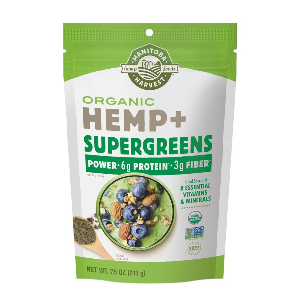Manitoba Harvest Organic Hemp & Supergreens Powder, 7.5 oz, Green Superfood Powder with 6g of Protein, 3g of Fiber per Serving, Vegan, Non-GMO Project Verified, Packaging May Vary
