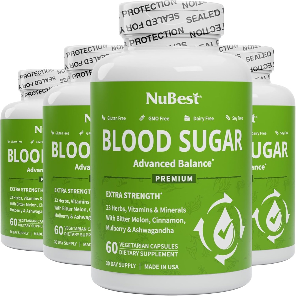 NuBest Blood Sugar - Premium Formula with Bitter Melon, Ashwagandha, Cinnamon, Chromium, Magnesium, Vitamins, Alpha Lipoic Acid, Cayenne Pepper - Υποστήριξη Υγιεινή ζάχαρη αίματος - Συσκευασία 4