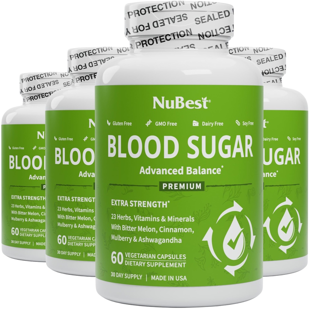 NuBest Blood Sugar - Premium Formula with Bitter Melon, Ashwagandha, Cinnamon, Chromium, Magnesium, Vitamins, Alpha Lipoic Acid, Cayenne Pepper - Υποστήριξη Υγιεινή ζάχαρη αίματος - Συσκευασία 4