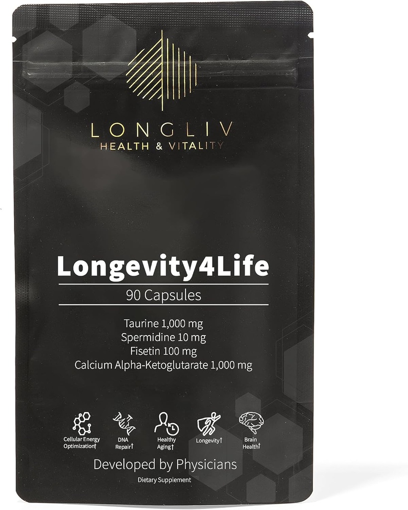 Longevity4Life - Ultimate Cellular Health Supplement - Fisetin, Taurine, Calcium Alpha-Ketoglutarate, και Spermidine Κάψουλες για τη μακροζωία και τη ζωτικότητα - Made in USA - Physician Formulated
