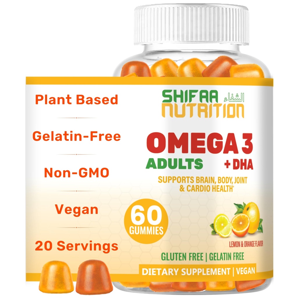 SHIFAA NUTRITION Vegan Omega 3 Gummies for Adults | No Fish Oil Burps | 60 Gummies | Plant Based w/Chia Oil, Algae | Omega 3 6 9 w/DHA, Vitamin C | for Brain, Cardiovascular & Immune Support Halal