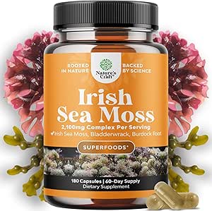 Organic Irish Sea Moss Capsules - Organic Sea Moss Pills with 2100mg Serving Superfood Complex with Bladderwrack Burdock Root and BioPerine for Immune Skin & Thyroid Support - Vegan Non-GMO (2 Month)