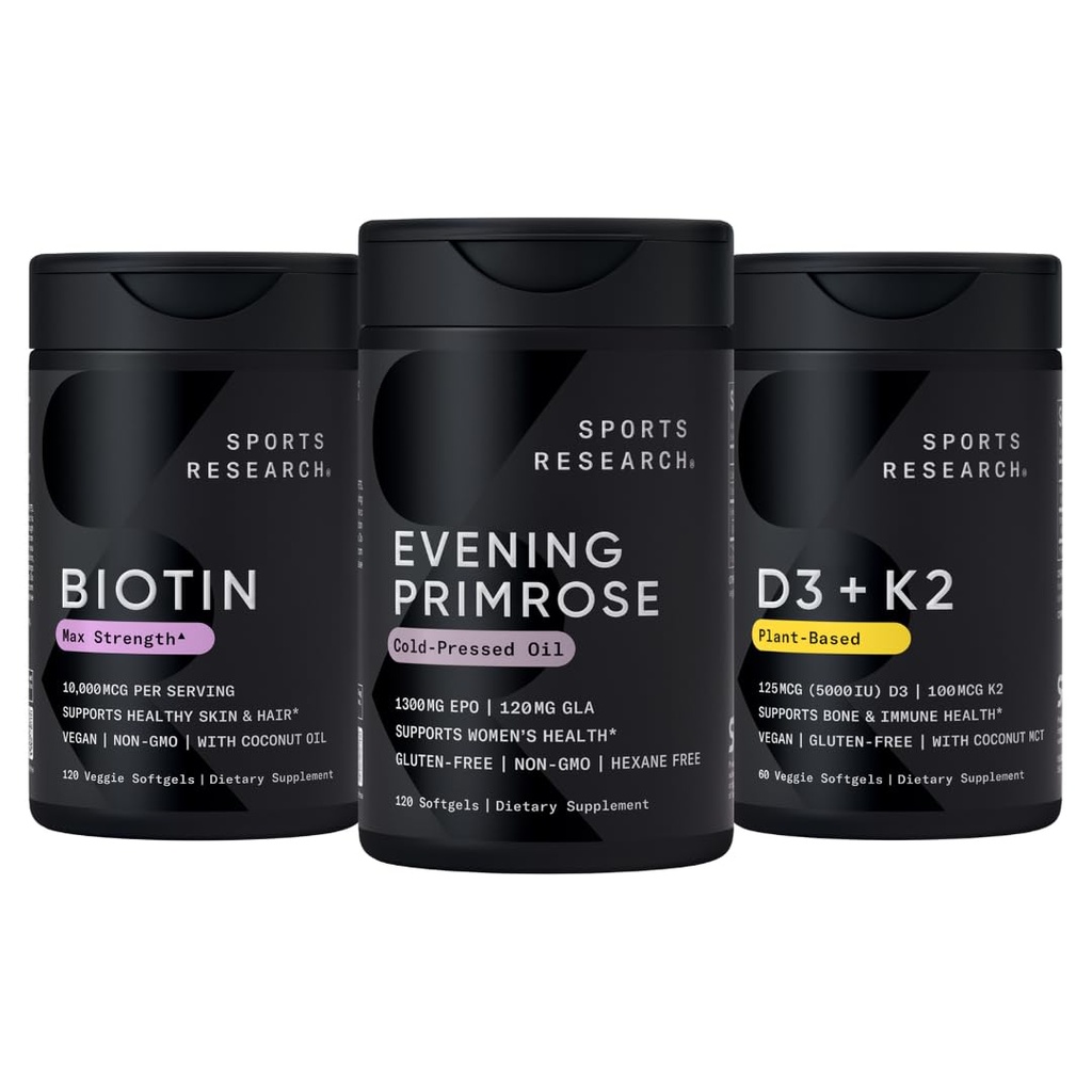 Αθλητική Έρευνα Vegan Biotin 10.000mcg με λάδι καρύδας, Συμπλήρωμα απογευματινής Primrose από κρύο πιεσμένο πετρέλαιο και φυτικής βάσης βιταμίνη K2 MK7 + Vegan D3 5000iu