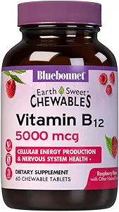 BlueBonnet Nutrition Earth Sweet Vitamin B12 5000 mcg Chewable Tablets, Soy-Free, Gluten-Free, Kosher Certified, Dairy-Free, Vegan, Raspberry Flavored, 60 Chewable Tablets, 60 Servings