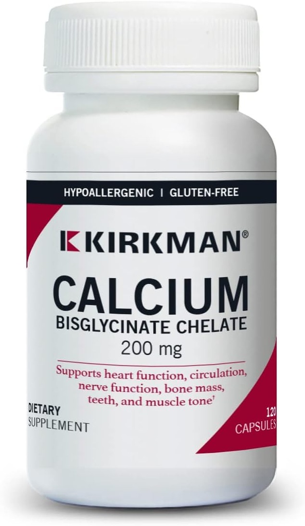Kirkman - Calcium Bisglycinate Chelate 200mg - 120 Capsules - Without Vitamin D3 - Helps Maintain Strong Bones - Hypoallergenic