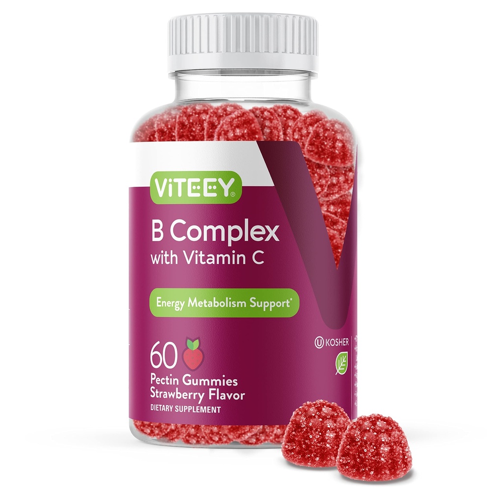 Viteey Vitamin B Complex Gummies with Vitamin C - Ενέργεια, Μεταβολισμός & Ανοσολογική Υποστήριξη - B6, B12, Νιασίνη, Φολικό οξύ, Βιοτίνη, Ασβέστιο - Vegan, Χωρίς γλουτένη - 60 Count