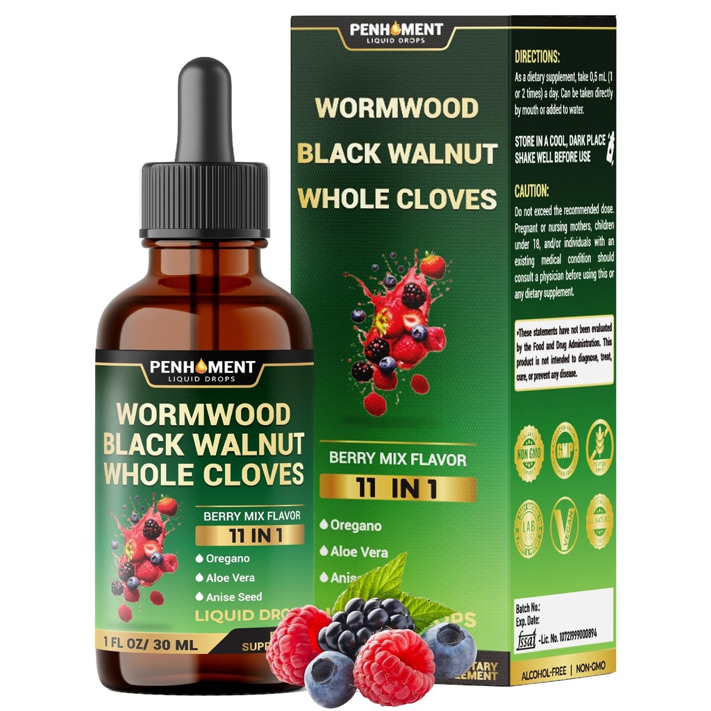 10in1 Βάμμα Wormwood - Μαύρο Walnut, ολόκληρα γαρύφαλλα, Reishi Mushroom & 4 Περισσότερα - Υγρές σταγόνες Wormwood - 1 OZ FL για 2 μήνες προσφοράς - Berry Mix Γεύση