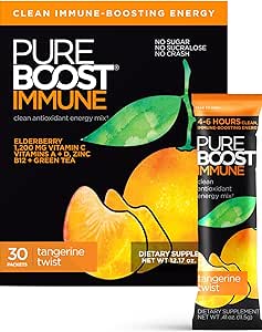 Pureboost Immune Clean Energy Booster, Refreshing Energy Drink Mix and Immunity Supplement with Elderberry, 1.200 mg Βιταμίνη C, Βιταμίνες A + D, and Zinc. (Tangerine Twist, 30 Count)