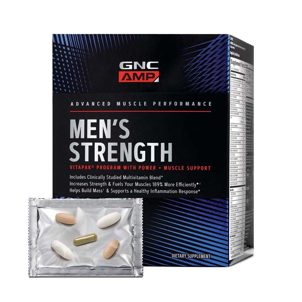 GNC AMP Men’s Strength Vitapak Program, 3 Products in 1 Pack, Absorbable Creatine, Mass Building, Power Muscles, Anabolic Primers, Testosterone Boost, Proven Ingredients, Multivitamin, 30-Day Supply