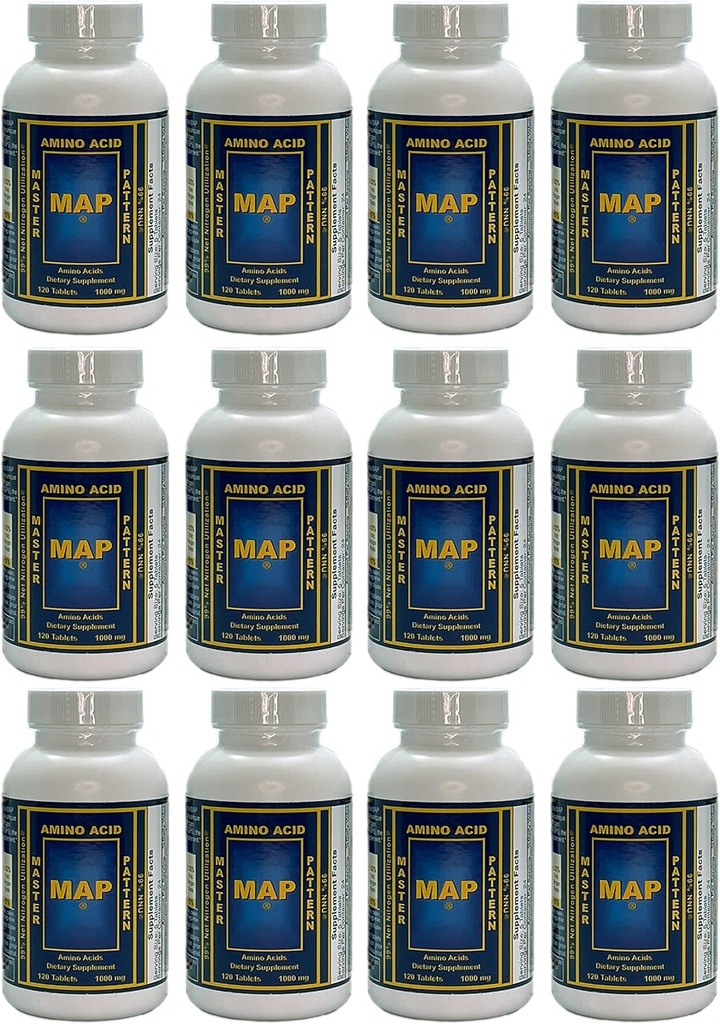 Συσκευασία των 12 μπουκαλιών MAP Master Amino Acid Μοτίβο (120 Tablets/Bottle) 99% Καθαρή Χρήση Αζωτούχων (NNU) - Αρχική Φόρμουλα από τον Δρ Luca Moretti