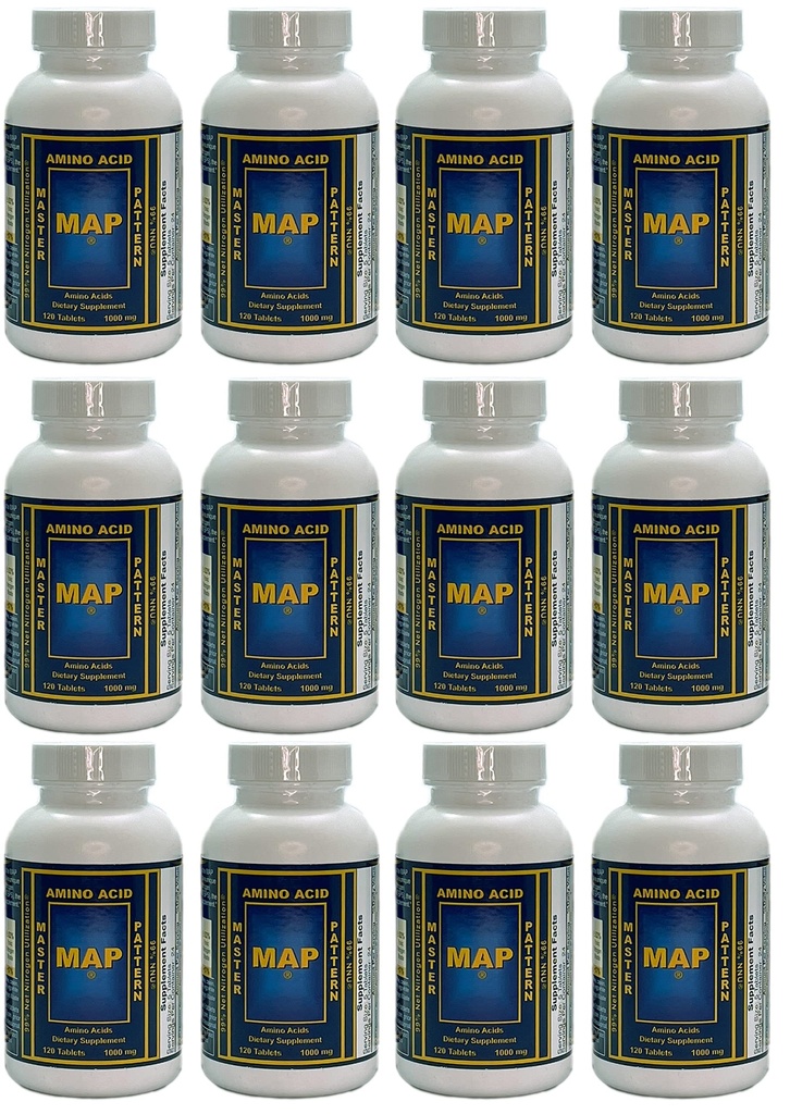 Συσκευασία των 12 μπουκαλιών MAP Master Amino Acid Μοτίβο (120 Tablets/Bottle) 99% Καθαρή Χρήση Αζωτούχων (NNU) - Αρχική Φόρμουλα από τον Δρ Luca Moretti