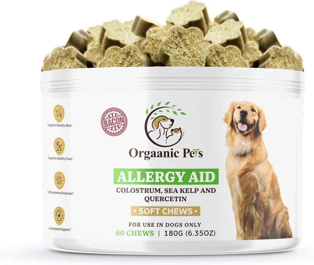 Herbal Dog Allergy Relief with SEA KELP - Colostrum - QUERCETIN - Mushrooms - Omega + 11 Natural Allergy Relief Herbs - Soft Chews for Skin & Seasonal Allergies