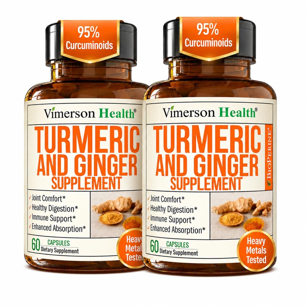 Turmeric Curcumin Supplement with Ginger Root for Joint Support, Digestive & Gut Health - Περιέχει οργανική κουρκουμίνη Turmeric με μαύρο πιπέρι (Bioperine) για ενισχυμένη απορρόφηση - 60 κάψουλες, 2 συσκευασίες