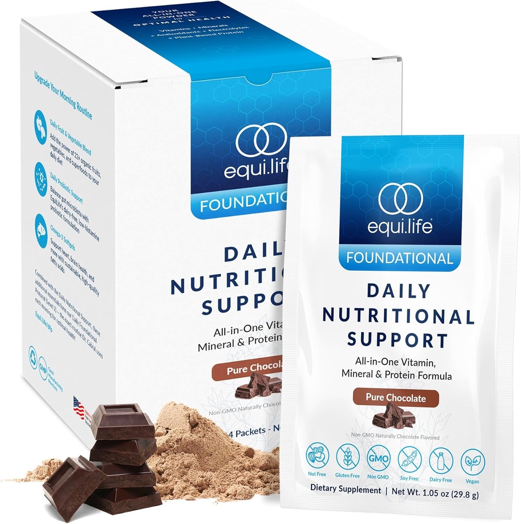 Equilife Καθημερινή Διατροφική Υποστήριξη, All-in-One Πολυβιταμίνη Αντικατάσταση γεύματος, Καθαρή Σοκολάτα Γεύση, 15G Πρωτεΐνη φυτών, Υποστηρίζει Γενική Ευεξία Συμπεριλαμβανομένης της Ενέργειας, Διέγερσης, & Δέρμα, 14 Πακέτα