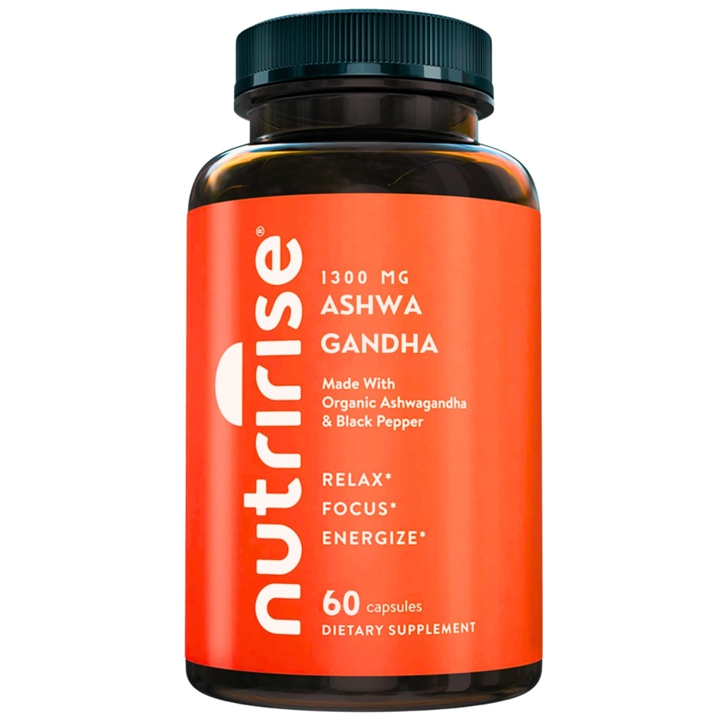 NutriRise οργανικές κάψουλες ρίζας Ashwagandha με μαύρο πιπέρι, 1300mg, φυσικό στρες & mood, Thyroid & ανοσοποιητικό συμπλήρωμα υποστήριξης, σαφήνεια, εστίαση & ενέργεια, χωρίς γλουτένη, 60 Count