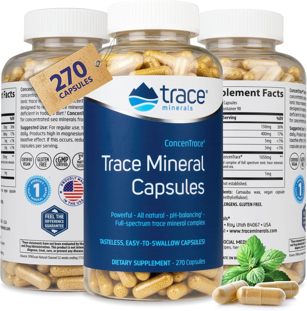 Trace Minerals Low-Sodium ConcenTrace Κάψουλες - Συμπλήρωμα για την υποστήριξη της Οστικής Υγείας & Ενέργειας του Σώματος - Συμπλήρωμα Υγιεινής Ενυδάτωσης & Ηλεκτρολυτών Υποστήριξης - 270 Κάψουλες (90 Υπηρεσίες
