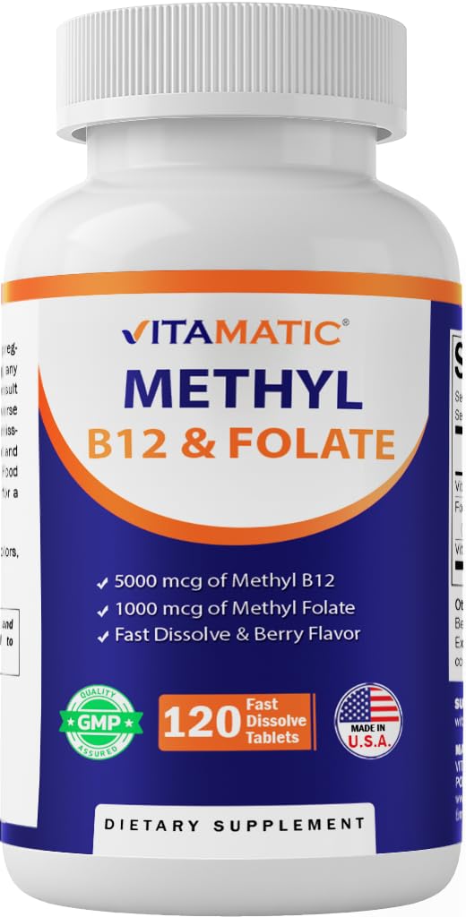 Vitamatic methyl folate & B12 συμπλήρωμα με Pyridoxal 5 φωσφορικό (P-5-P) - Προάγει την καρδιοαγγειακή υγεία & ενέργεια Μεταβολισμός - 120 δισκία ταχείας διάλυσης - Μη ΓΤΟ & Χωρίς γλουτένη