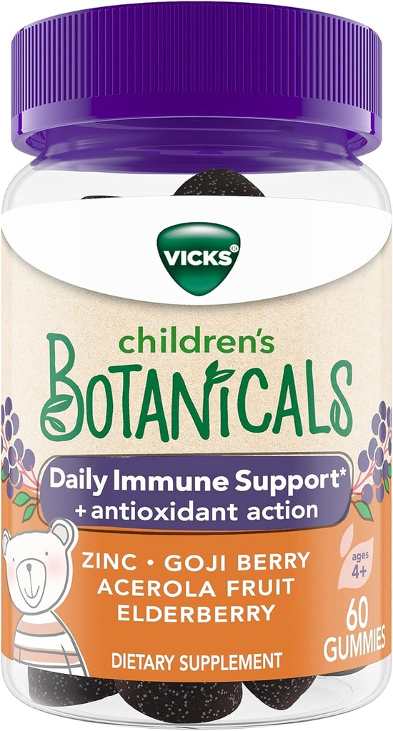 Vicks Παιδικά Βοτανικά Καθημερινή Ανοσολογική Υποστήριξη * + Αντιοξειδωτική Δράση, Gummies, Φτιαγμένα με ψευδάργυρο, Goji Berry, Acerola Φρούτα, και Elderberry, 60 ct