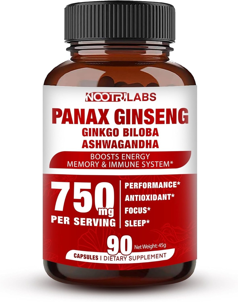 Korean Red Panax Ginseng 750mg Υψηλότερη ισχύς με Ginkgo Biloba και Ashwagandha, Ενισχύστε την ενέργεια, τη μνήμη, και ανοσοποιητικό σύστημα - χάπια συμπλήρωμα εστίασης για άνδρες και γυναίκες, 90 κάψουλες Vegan