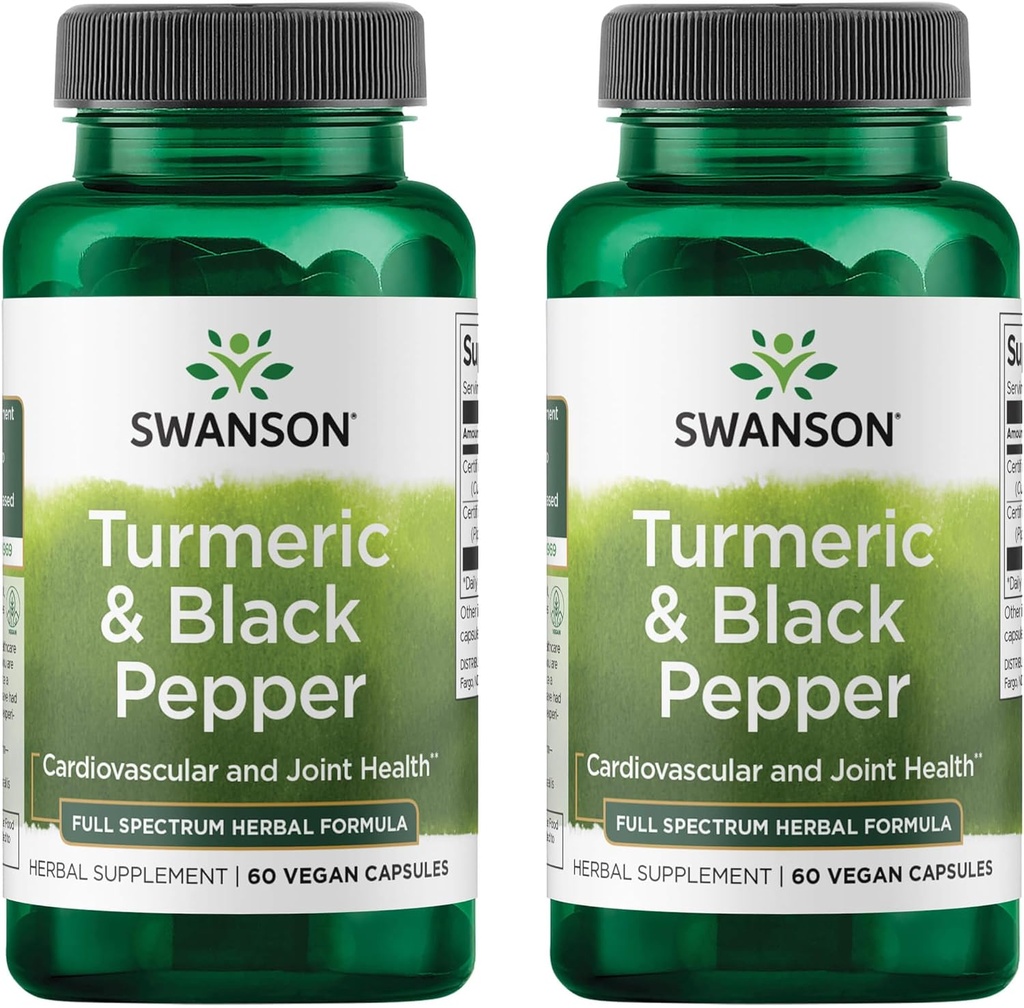 Swanson Turmeric & Black Pepper - Organic Joint Health, Heart Health, Digestion, & Liver Support Supplement - Φυσική φόρμουλα για την ενισχυμένη βιοδιαθεσιμότητα & απορρόφηση - (60 κάψουλες λαχανικών) 2 Pack
