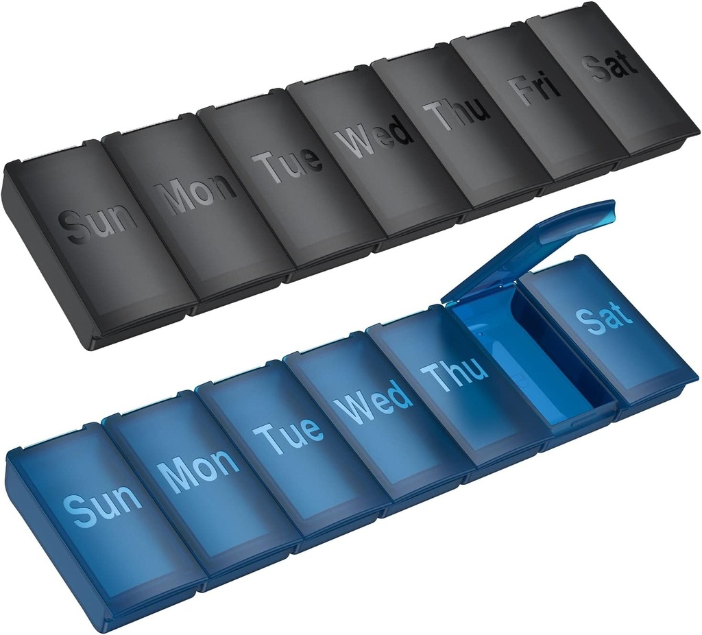 2 Pack Weekly Pill Organizer, Big Daily Vitamin Pill Box, Portable Travel Friendly 7 Day Pill Containers Medicine Holder, Handbag Εξωτερική Κάμπινγκ μικρή θήκη χάπι για συμπληρώματα ιχθυέλαιο (Black+Blue)