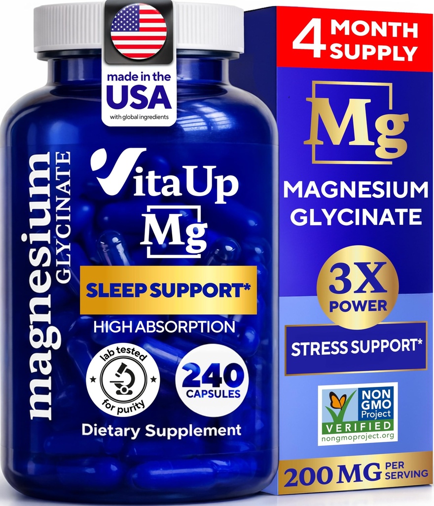 Μαγνήσιο Γλυκινικό 200mg - USA Made Magnesium Supplement for Sleep, Heart, Bones, Μεταβολισμός Υποστήριξη - Υψηλή απορρόφηση Μαγνήσιο Διγλυκινικό Κάψουλες - 240 Vegan Chelated Caps