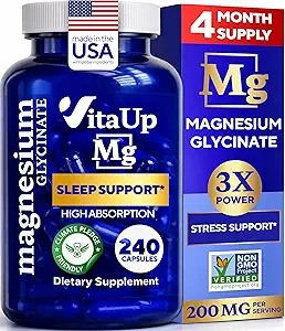 Μαγνήσιο Γλυκινικό 200mg - USA Made Magnesium Supplement for Sleep, Heart, Bones, Μεταβολισμός Υποστήριξη - Υψηλή απορρόφηση Μαγνήσιο Διγλυκινικό Κάψουλες - 240 Vegan Chelated Caps