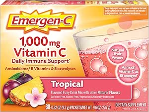Emergen-C 1000mg Βιταμίνη C σε σκόνη, με Αντιοξειδωτικά, Β Βιταμίνες και Ηλεκτρολυτικά, Βιταμίνη C Συμπληρώματα για την Ανοσολογική Υποστήριξη, Καφεΐνη Δωρεάν Fizzy Mix, Τροπική Γεύση - 30 Count/1 Μήνας Προμήθεια