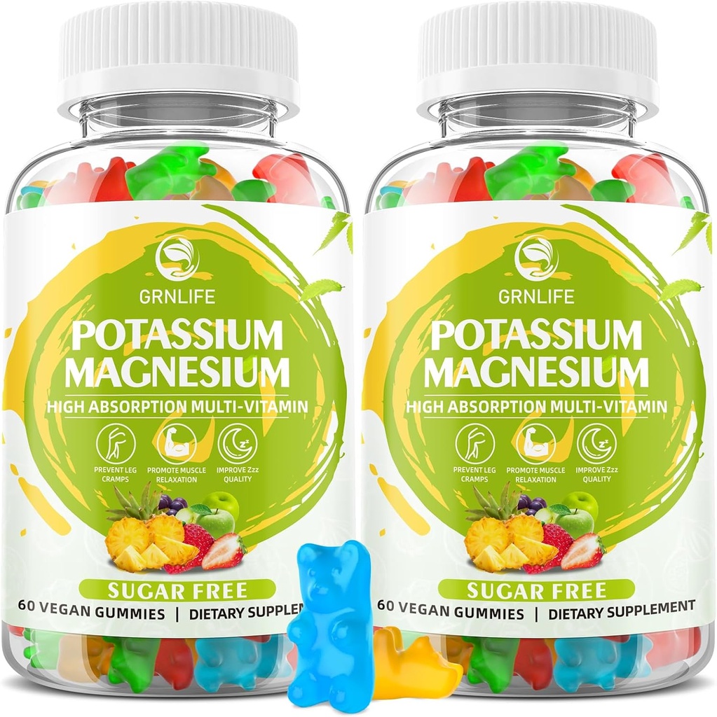 Συμπληρώματα Μαγνησίου Κάλιο Gummies, Κάλιο Gummies για ενήλικες παιδιά, Υψηλής Απορρόφησης Μαγνήσιο Γλυκινικό για Κνήμες Πόδι & Ανοσολογική Υγεία, Χωρίς ζάχαρη, Vegan Μικτές Γεύσεις, 120 Count