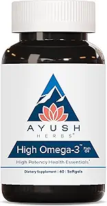 Ayush Herbs High Omega 3 - Omega 3 ιχθυέλαιο, 1000mg ανά κάψουλα, EPA & DHA Fish Oil συμπλήρωμα για γυναίκες & άνδρες, φυσικό άρωμα λεμόνι - 60 κάψουλες Softgel (1 κόμης)