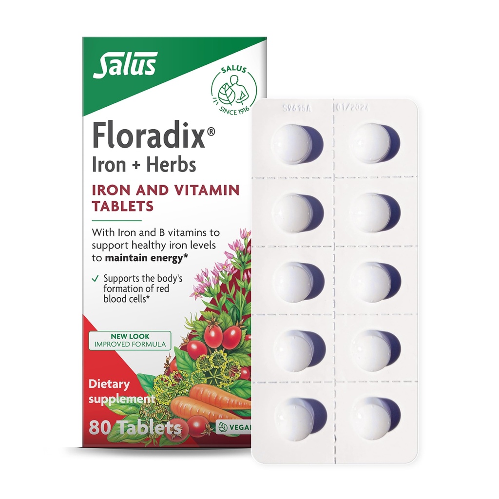 Floradix Σιδήρου δισκία - Σιδήρου συμπλήρωμα με βιταμίνες Β, Φολικό οξύ, Βιταμίνη C & More - Ενεργειακή Υποστήριξη - Χορτοφαγικά & Χωρίς Γλουτένη - 80 δισκία (80 σερβιέτες)